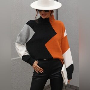 Color Block Mock Neck Drop Shoulder Pullover Sweater